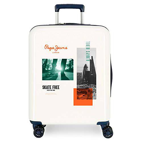 Pepe Jeans Nolan Maleta de Cabina Blanca 40x55x20 cms Rígida ABS Cierre TSA Integrado 38,4L 2 kgs 4 Ruedas Dobles Equipaje de Mano