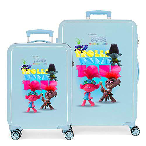 Trolls World Tour Juego de maletas Azul 55/65 cms Rígida ABS Cierre combinación 93L 4 ruedas dobles Equipaje de Mano